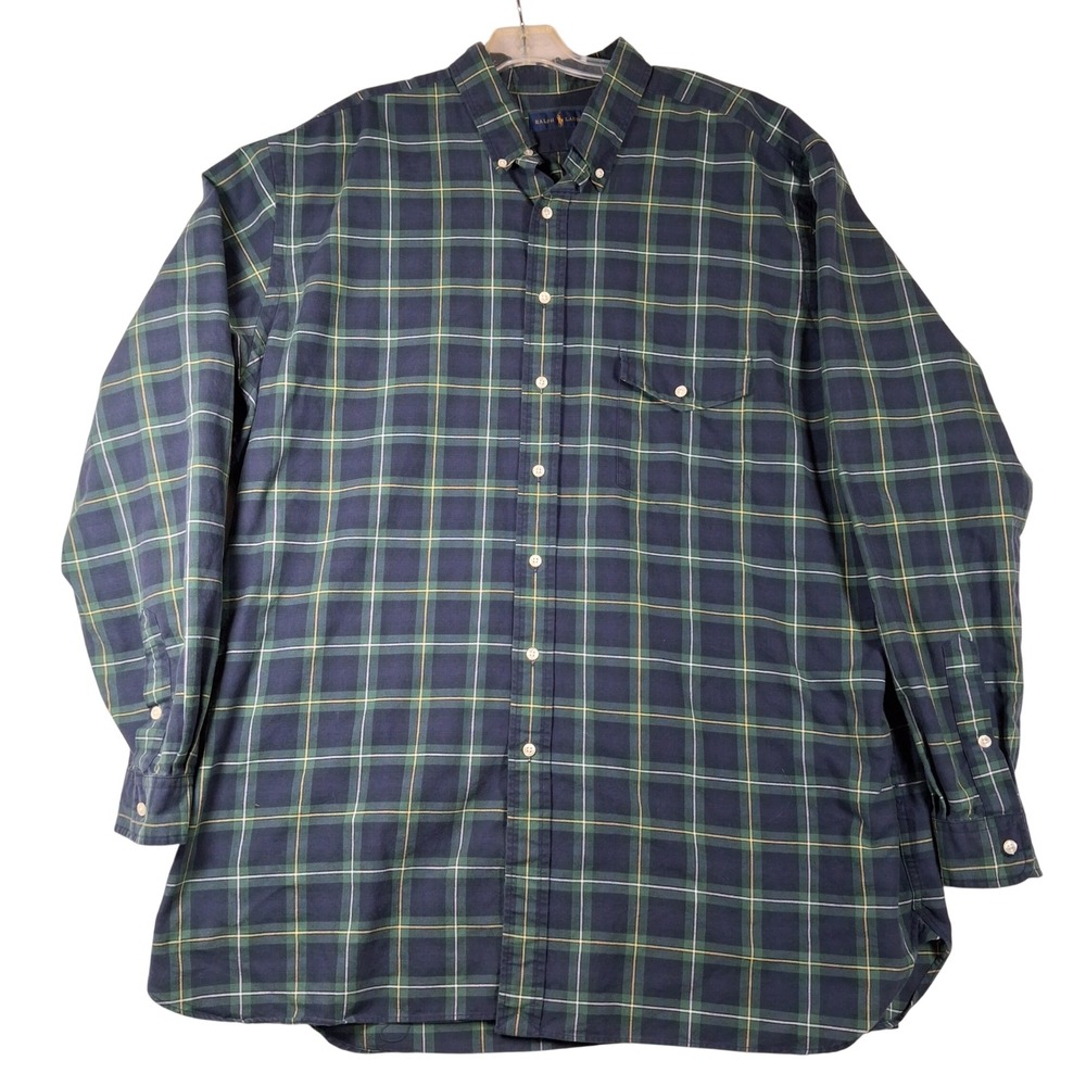 Ralph Lauren Plaid Button Down Shirt Mens 2XLT Big Tall Navy Green Cotton